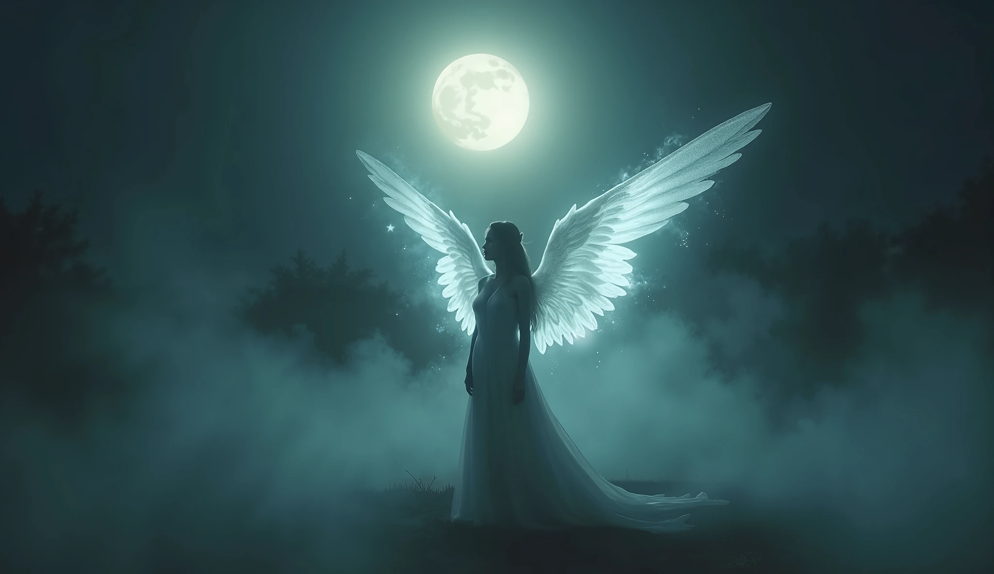 draw a character in the form of an angel in the style of the series "Supernatural", in the background is night with a beautiful glowing moon