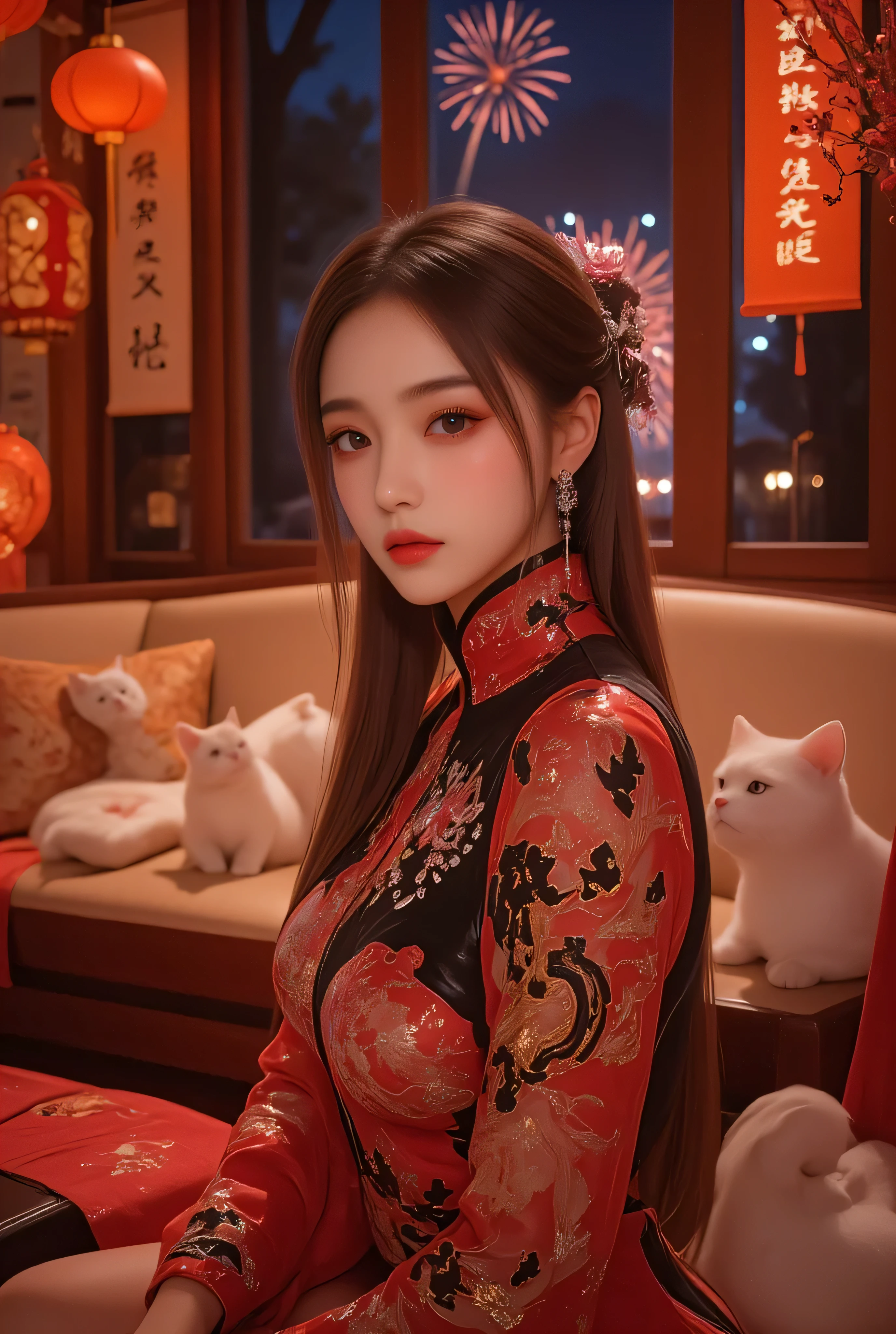 Cat ears、 face up, attractive, pretty girl, ponytail、 (( fine facial features , eroticism)), dramatic lighting , realistic , 8k, Dramatic Shadows , intricate and elaborate patterns , super detailed photo , chiaroscuro lighting , Pleasant colors , deep contrast , super real 、 pink lipstick、 warm room、Vintage Fireplace 、 cinematic composition、Close-up of face, pretty half part transparent open shoulder loose outfits dress, tang style, A beautiful Korean idol wearing a one piece red- black tightly cheongsam with phoenix and intricate floral golden embroidery, golden and silver outline on dress, hand hold pink feathers paper fan with golden ink drawing, rings, necklace, Chinese pretty silver gem hairpin, standing gracefully in a room filled with traditional Chinese New Year decorations. The room features vibrant red lanterns, decorative calligraphy scrolls, a small Chinese orange tree with golden ornaments, and several red envelopes scattered across the floor and hanging from the tree. Adorable, playful cats are part of the scene—some sitting near the tree, others curiously pawing at the red envelopes or lounging around. Through a window or an open door in the background, vibrant Chinese fireworks light up the night sky in an array of reds, golds, and blues, casting a magical glow into the room. The idol’s outfit is paired with subtle accessories like red hairpins or earrings, complementing the festive look. The atmosphere is warm and lively, filled with the joyful essence of the celebration, enhanced by the shimmering lights of the fireworks and the lively decor.