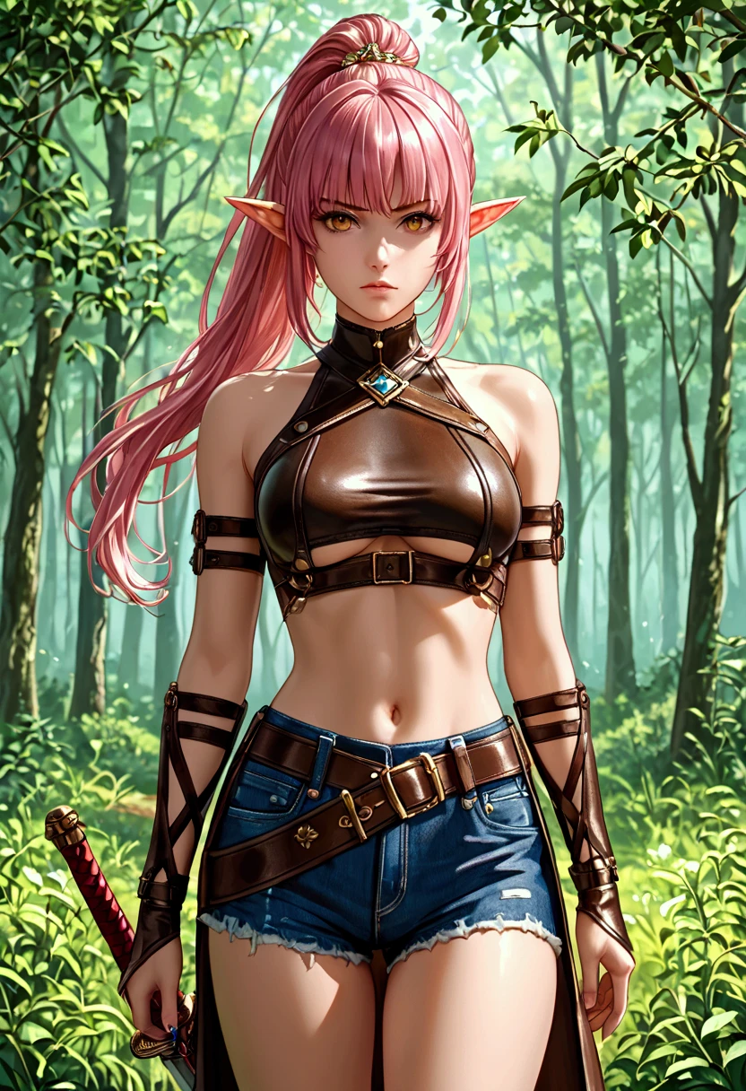 (((top-quality, masterpiece))), (best quality), (detailed), (((one young girl))), (solo girl), (wooden elfe girl), happy, charming, smiling, ((highly detailed beautiful face)), delicate girl, delicate face, ((red hair)), long hair, braids,  bleu eyes, dark look, focused, ((small breasts)), nice hips, flat belly, slim waist, define collarbone, (((sofisticated and detailed brown leather clothes))), ((sexy laces top)), large cleavage, (((long brown leather boots))), ((chocker)), ((warrior, standing, protecting, bow, sword, guardian)), sexy pose, cinematic shadow, sweet forest atmoshpere,