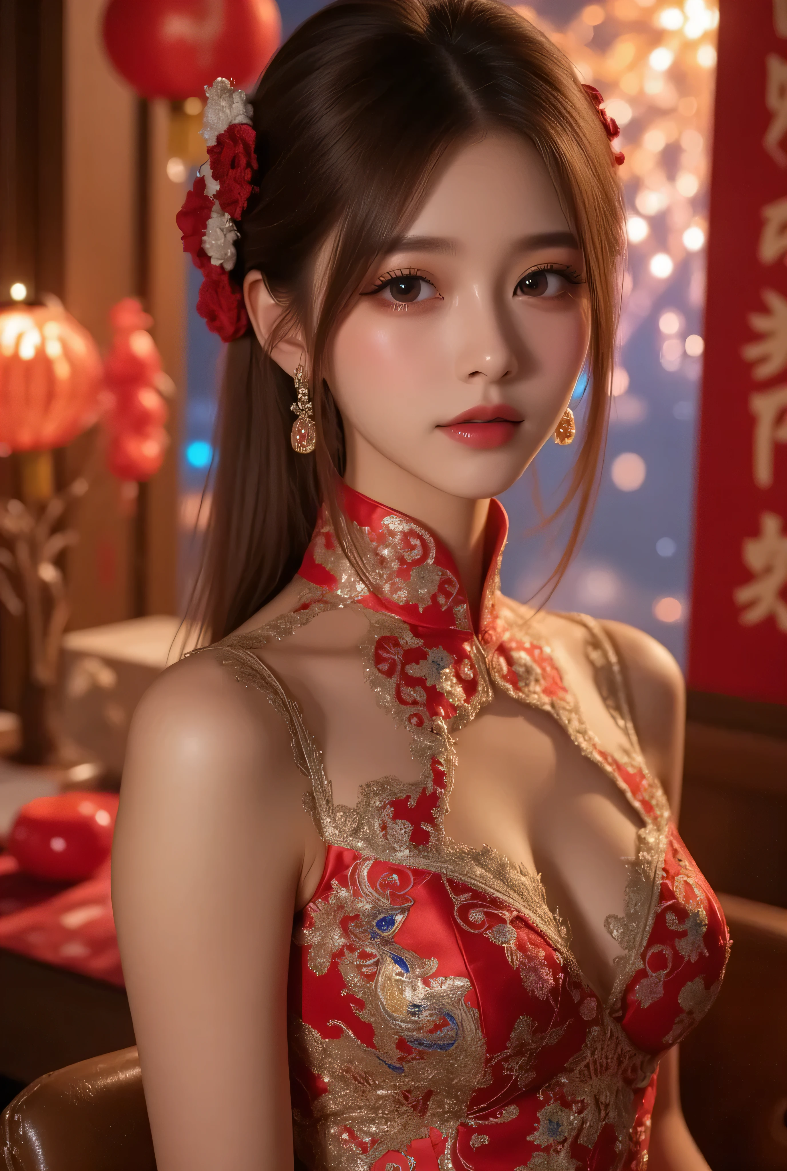 Cat ears、 face up, attractive, pretty girl, ponytail、few beautiful lady hair decorations, (( fine facial features , eroticism)), dramatic lighting , realistic , 8k, Dramatic Shadows , intricate and elaborate patterns , super detailed photo , chiaroscuro lighting , Pleasant colors , deep contrast , super real 、 pink lipstick、 warm room、Vintage Fireplace 、 cinematic composition、Close-up of face, pretty half part transparent open shoulder loose outfits dress, tang style, A beautiful Korean idol wearing a one piece red-transparent-black-silver-go;d-purple-green shinning tightly cheongsam with phoenix and intricate floral golden embroidery, golden and silver outline on dress, standing gracefully in a room filled with traditional Chinese New Year decorations. The room features vibrant red lanterns, decorative calligraphy scrolls, a small Chinese orange tree with golden ornaments, and several red envelopes scattered across the floor and hanging from the tree. Adorable, playful cats are part of the scene—some sitting near the tree, others curiously pawing at the red envelopes or lounging around. Through a window or an open door in the background, vibrant Chinese fireworks light up the night sky in an array of reds, golds, and blues, casting a magical glow into the room. The idol’s outfit is paired with subtle accessories like red hairpins or earrings, complementing the festive look. The atmosphere is warm and lively, filled with the joyful essence of the celebration, enhanced by the shimmering lights of the fireworks and the lively decor.
