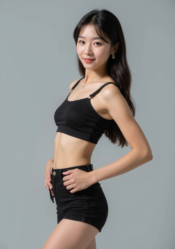 （Highly detailed body，Highly detailed face，the best quality：1.2） ，a woman with，Look at viewers，（Black bandeau，Black extra-short slacks）(C Chest 1.4)，（The catwalk in the background is unoccupied：1.4）
