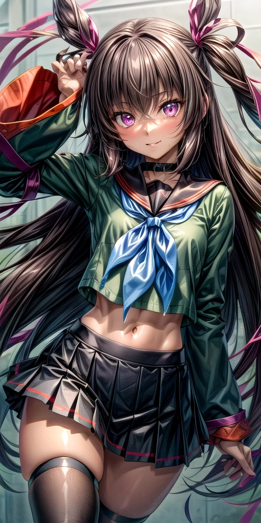 highest quality,masterpiece,8k,1girl,smile,blush, sweat,mini skirt,lift skirt,upskirt,white panties,hair ribbon, , green shirt, serafuku, white neckerchief, long sleeves, pleated skirt, black skirt, black thighhighs, loafers