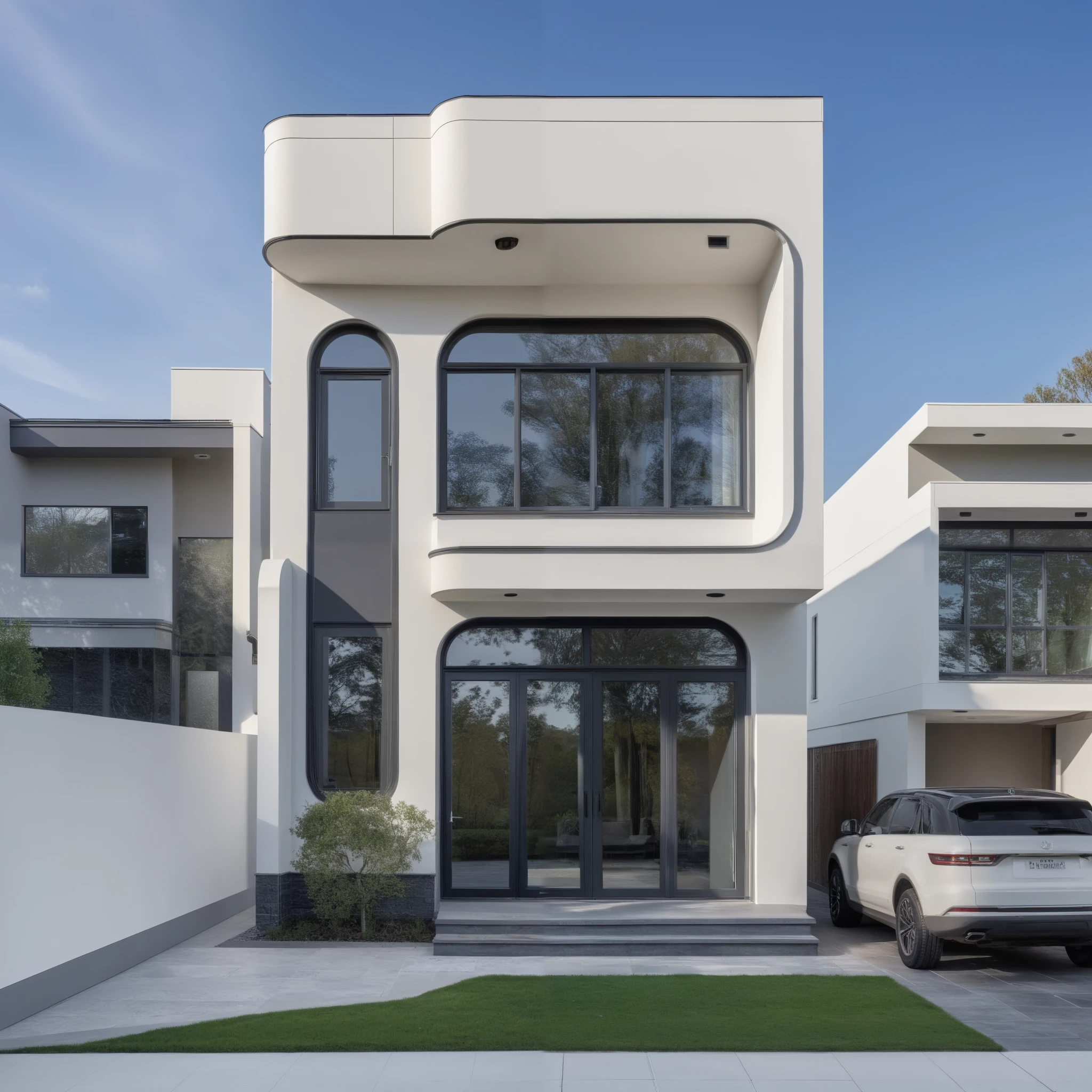 (masterpiece:1.2), best quality, photo of A two-story modern house with white walls and dark tiles on the roof, tree and plant, streetcapes, natural light, The exterior of an elegant single family home features large windows, a dark gray door frame.