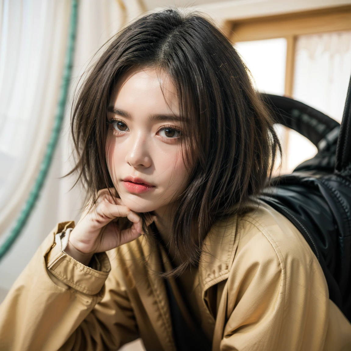 Girl with short ponytail wearing formal suit lying on restaurant table, Clear Eyes, Perfect body, (Looking down at the viewer:0.8), (Purelos Face_v1:0.2), Removable sleeves, Open your mouth, bangs, One girl, Shiny skin, (masterpiece;1.0), (Realistic:1.4), (Sharp focus:1.2),