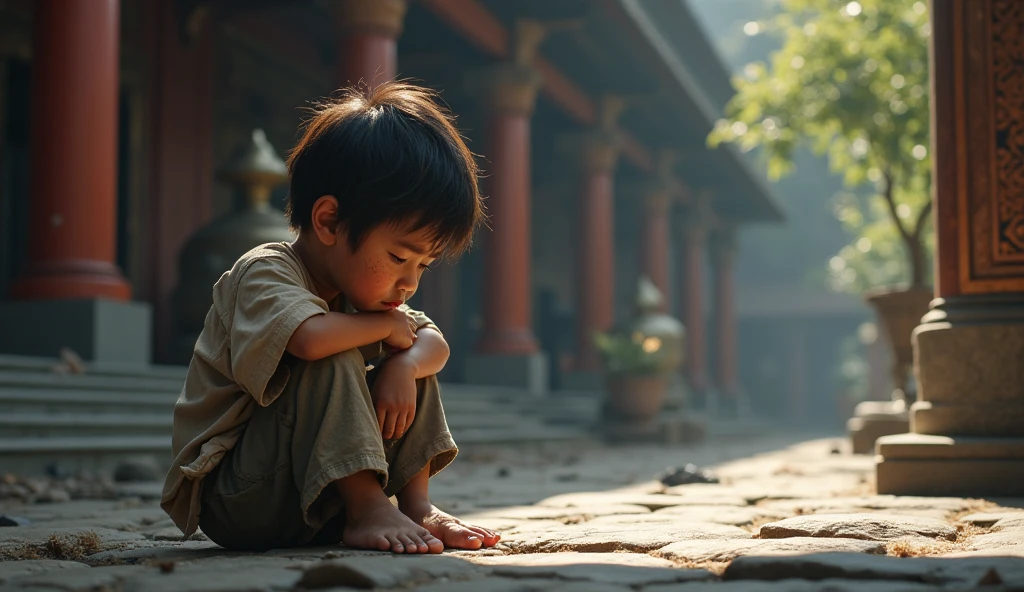 A boy in a red shirt smiling and confident with his fists clenched on his waist with his eyes closed and straight hair, he is in a vast forest village.