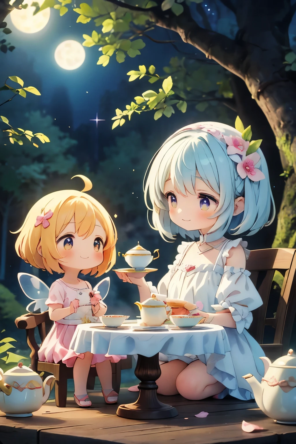 High quality, masterpiece, 4K, stunning artwork A whimsical tea party under the moonlight, vertical illustration, smartphone-friendly aspect ratio Adorable chibi-style fairies, deformed cute proportions Each fairy is holding a teacup, enjoying a joyful tea party The scene is full of warmth and happiness, lively expressions and gestures Soft glowing moonlight illuminating the scene, creating a dreamy atmosphere Floating sparkles and soft mist to enhance the magical ambiance Elegant yet playful decorations like tiny chairs, floating tea sets, and flower petal plates Background: A peaceful forest clearing bathed in moonlight, deep blue and purple hues Gentle watercolor-like shading, soft and warm color palette Highly detailed, balanced composition, storybook-like aesthetic. A large, glowing full moon in the background, casting a soft, magical light. (Multiple adorable fairies, each with unique designs and expressions, enjoying the tea party together1.3).