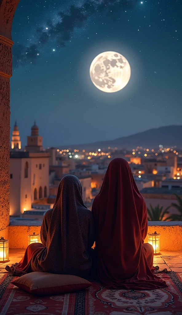 hyper realistic photo, ultra detailed photograph of a beautiful Moroccan rooftop, man and woman hijabi from behind, face hidden, towards view, praying together, photorealistic, riad rooftop, Amazigh pillows, Marrakech view, stunning moon, shimmering stars, iridescent, hyperrealism, moroccan lamps, Ultra photoreal, Intricate details, Ultra detailed, photorealistic, great high details, hyper real photo, 8k, extreme quality, gorgeous roses, exotic,