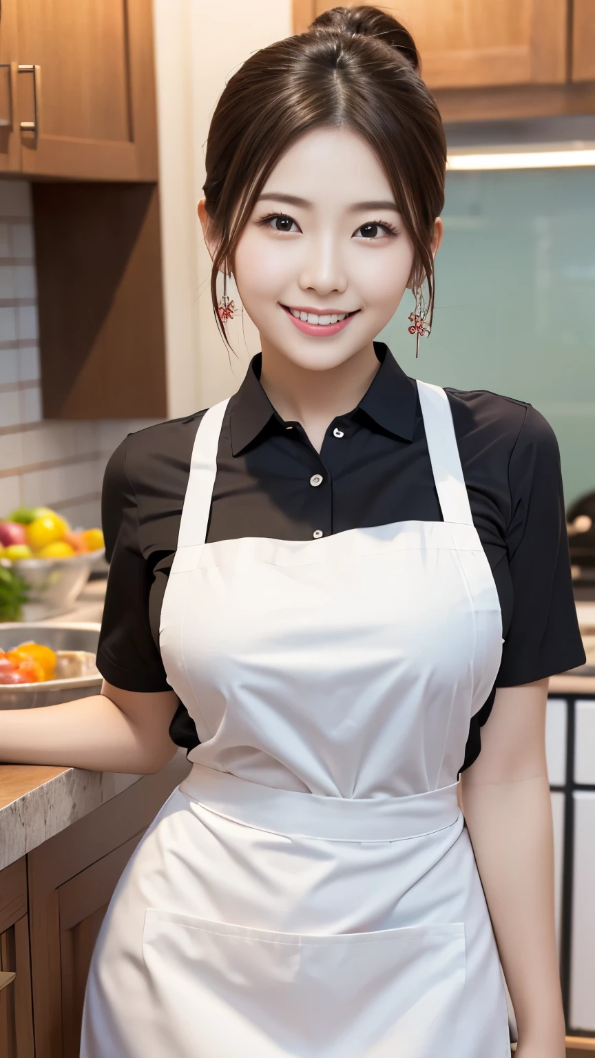 Kitchen Cooking dinner 、, Highest quality, shape, Very detailed, In detail, High resolution, 8k wallpaper, Perfect dynamic composition, Beautiful details, Natural Lip, Naked with an apron, Big Breasts, Cleavage, She is smiling while cooking..., A masterpiece of the whole body, Full Body Shot