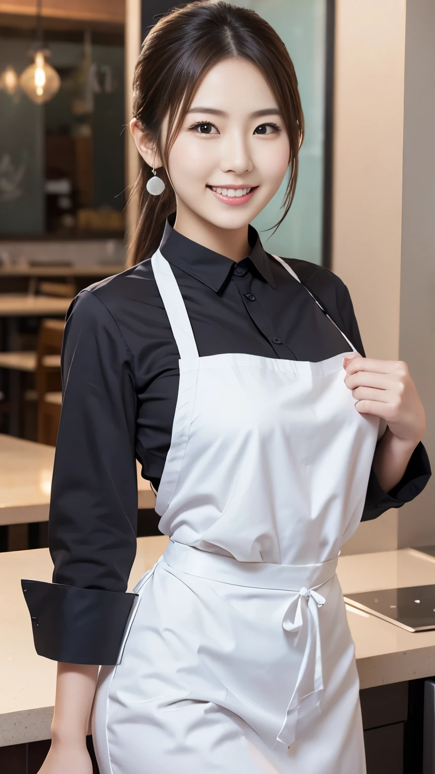 (highest quality、masterpiece:1.2)、highest quality、realistic、photograph、High resolution、1080P、8K、rough skin、physical rendering、1 Japanese women、high school student、cute、young face、curled hair、(patissier:1.5)、Cake shop、full of embarrassment、smile、big