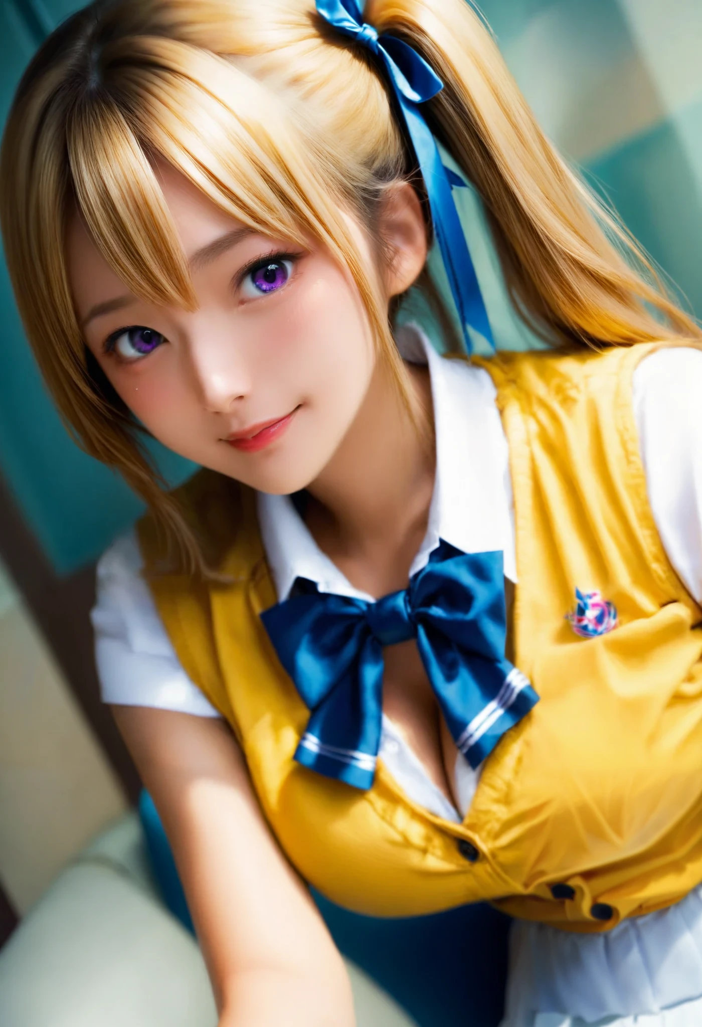 Mai Kawakami, blonde hair, hair ribbon, long hair, mole, mole under eye, ribbon, side ponytail, purple eyes, large breasts,
school uniform, skirt, vest, yellow vest, skirt, white skirt,
tanned skin, dark-skinned female,
breasts,long hair,Alone,close-up,large breasts, cleavage,collarbone,blush,looking at viewer,
photo realistic, Masterpiece, highest quality, intricate details,
inside the hotel, On the couch, sit,