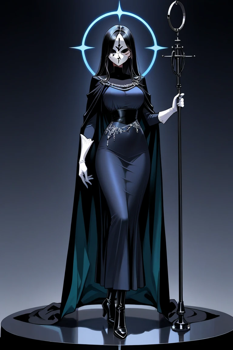A minimalist black and white anime illustration of a faceless female grim reaper. She is depicted as a (big-breasted, topless, visible nipples, voluptuous, and slim figure). The grim reaper wields a long, menacing scythe, and her clothing consists of a simple black robe with a flowing cape. The background is void, emphasizing the starkness of the character's design and evoking a sense of the unknown and the supernatural.