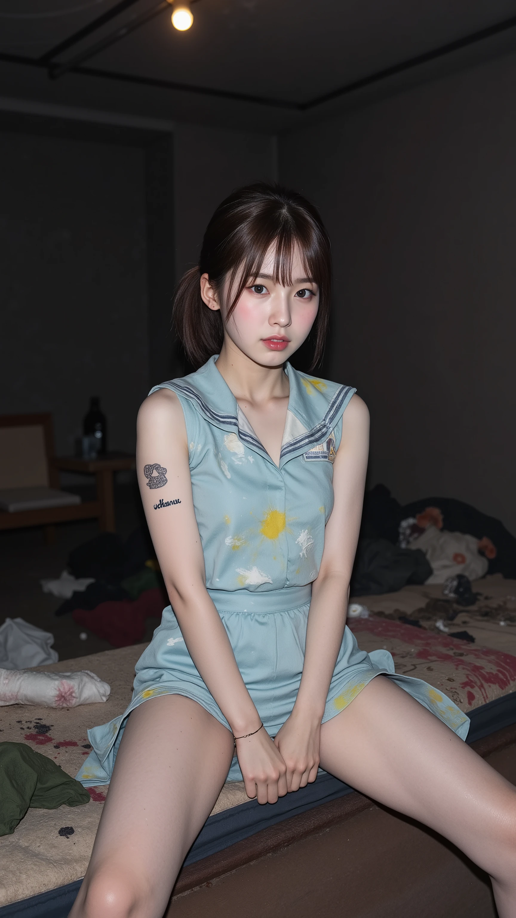 NSFW,
Realistic, photojournalism, documentary technique,
Hasselblad, 85mm Carl Zweiss lens, high resolution,
(full body visible :1.5),
Looking at the camera and looking a little surprised,
Young Korean girl, after sex,
She is Arin, the youngest member of the idol group "OH MY GIRL",
Ponytail, bangs,
She is in her early s,
Big round brown eyes,
She has very white skin,
She has dark brown hair,
Her legs are a little chubby,
She is wearing a light blue sailor collar mini sleavless dress,
Her clothes are old and very dirty,
Very dirty,
She has a tattoo that says "slut",
She has a tattoo of a picture of a poop,
She lives in the slums and is very dirty,
She looks unhealthy,
She has a lot of warts,
She has a lot of scars,
Her clothes have a lot of stains,
Some of the stains are black, some are yellow, some are red,
Her clothes are torn in places,
At night, she sits with her legs spread apart leaning against the wall in a cheap brothel room in the slums,
The room is dark and dirty,
Dirty mattress,
Bare light bulb,
The room is full of garbage,
Dildo, Cusco,
She tells the man who comes in that she will do any kind of sex,
She can be bought for next to nothing,
She is garbage,