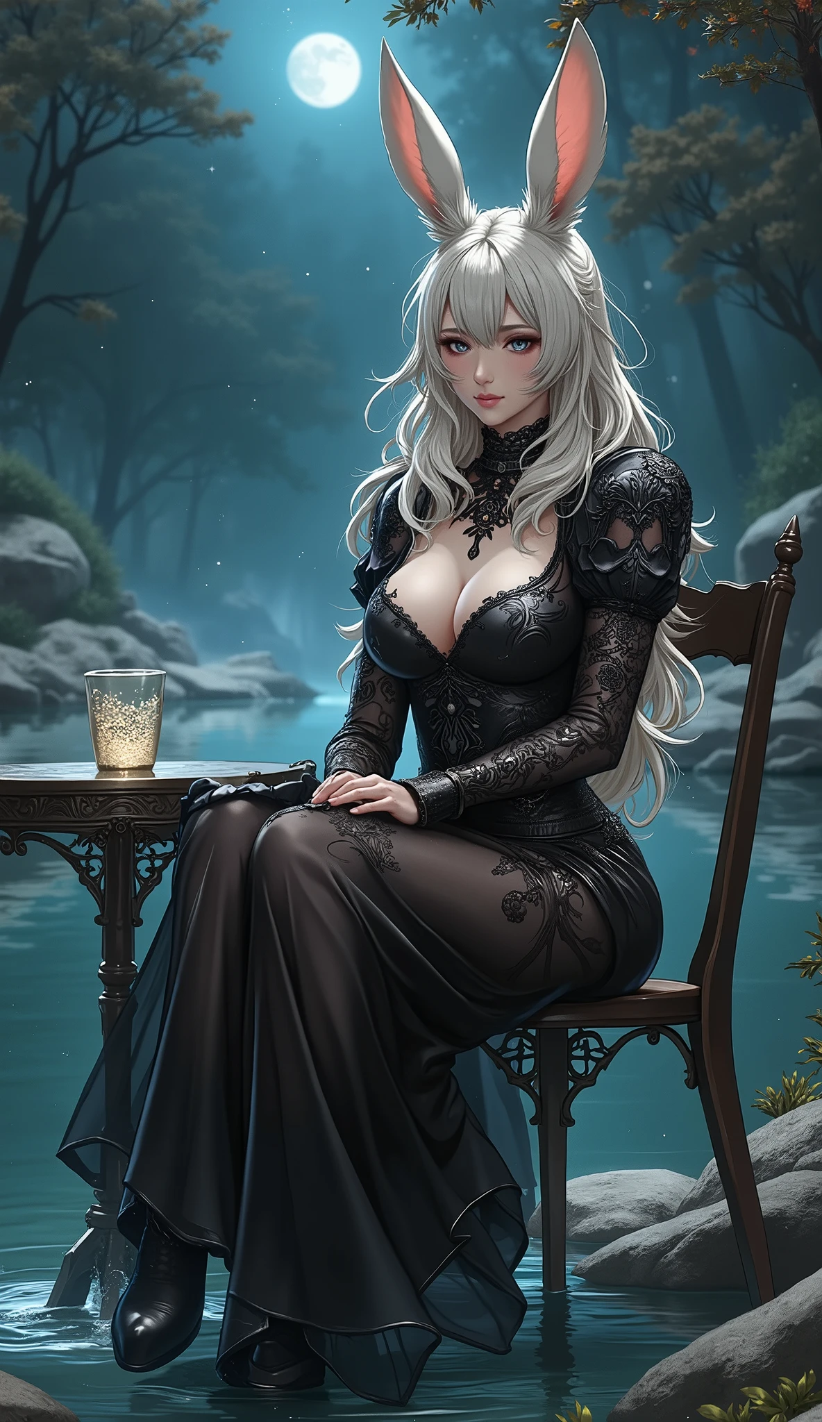 Final Fantasy Style , Takahashi Kazunari's masterpiece, depiction of a face expressed in great detail, Detailed Eyes 、Detailed faces、Hair drawn down to the smallest detail 、solo sexy Viera girl , beautiful , 32K, enchantment, masterpiece, top quality, , , , (( uplifted big breasts, deep cleavage )),Sparkling Skin、sitting beside a small round table, (in black transparent gothic dress, The chest area opened wide、Bare your chest), Silence, Silence, Serenity、 lakeside,(Uplifted and well defined breasts, beautiful nipples:1.7),((topless:1.9)) , ((nudity:1.7)), ((exposing breasts and nipples:1.7)), ,, ((Moonlit Tea Ceremony))、(( full moon))、 Milky Way、 starry sky