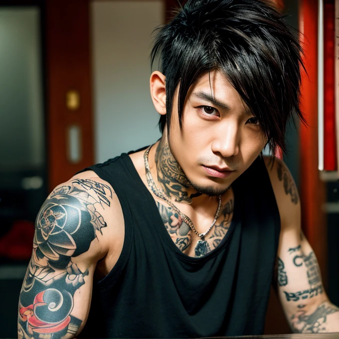 1 man, Japanese man, male, Asian eyes, muscular, broad shoulders, yakuza tattoos, hairstyle Visual Kei style, hair Visual Kei, black men's shirt and black pants, ultra detailed face, hyperrealistic, realistic representation, long hair, long hair, 30 years old, age 30 years, blonde hair