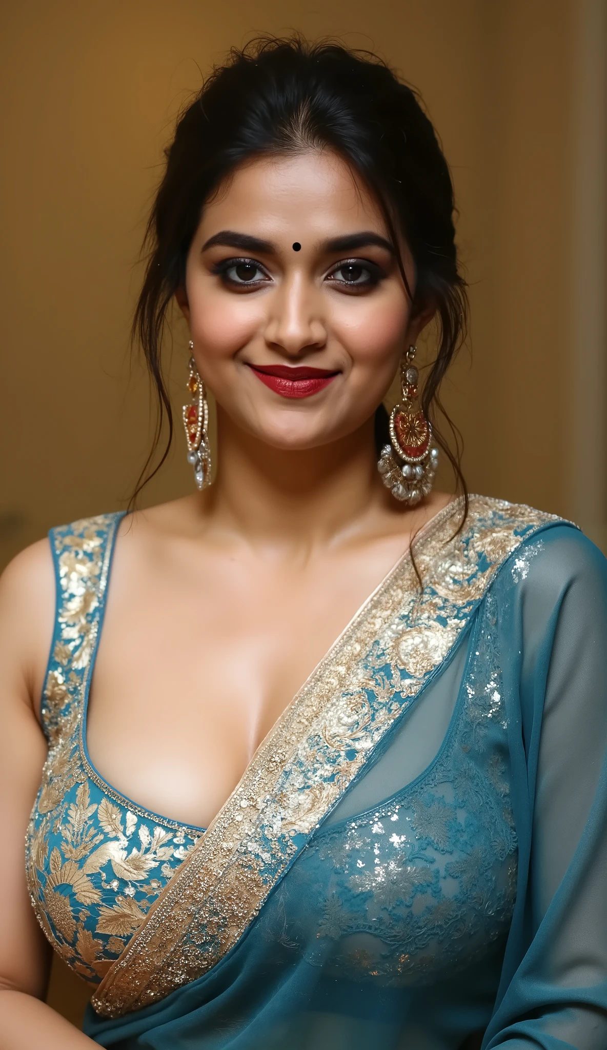 Portrait of a mature Indian milf sitting on a table looking at camera, with lust in her eyes, black hair tied around, flowers in head,sandal mark on forehead, sindhur on forehead (vermilion mark on forehead in the middle of hair partition,transparent Saree, dark red lipstick, black eyeliners, eyelashes,eyebrows,eyeshades,golden noserings,hanging ear rings,long golden chain in neck, little cleavage, peacock blue with golden embroidered coloured blouse, thick arms, inside bedroom, 8k , intricate details, dusky skin