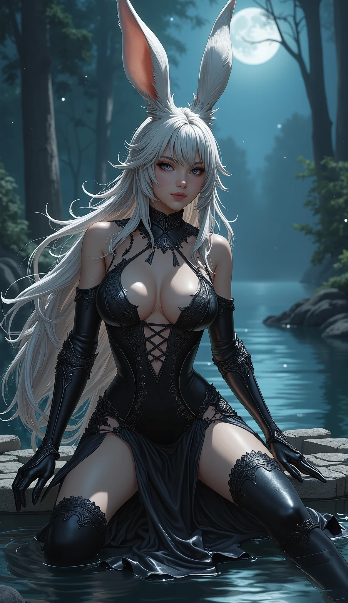 Final Fantasy Style , Takahashi Kazunari's masterpiece, depiction of a face expressed in great detail, Detailed Eyes 、Detailed faces、Hair drawn down to the smallest detail 、solo sexy Viera girl , beautiful , 32K, enchantment, masterpiece, top quality, , , , (( uplifted big breasts, deep cleavage )),Sparkling Skin、sitting beside a small round table, (in black transparent gothic dress with no breasts part, The chest area opened wide、Bare your chest), Silence, Silence, Serenity、 lakeside,(Uplifted and well defined breasts, beautiful nipples:1.7),((topless:1.9)) , ((nudity:1.7)), ((exposing breasts and nipples:1.7)), ,, ((Moonlit Tea Ceremony))、(( full moon))、 Milky Way、 starry sky