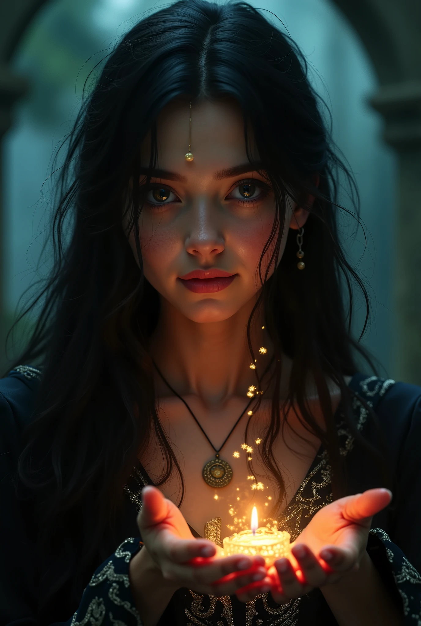 1 girl, solo, long hair, high resolution, Fortune Teller, smiles, black hair,