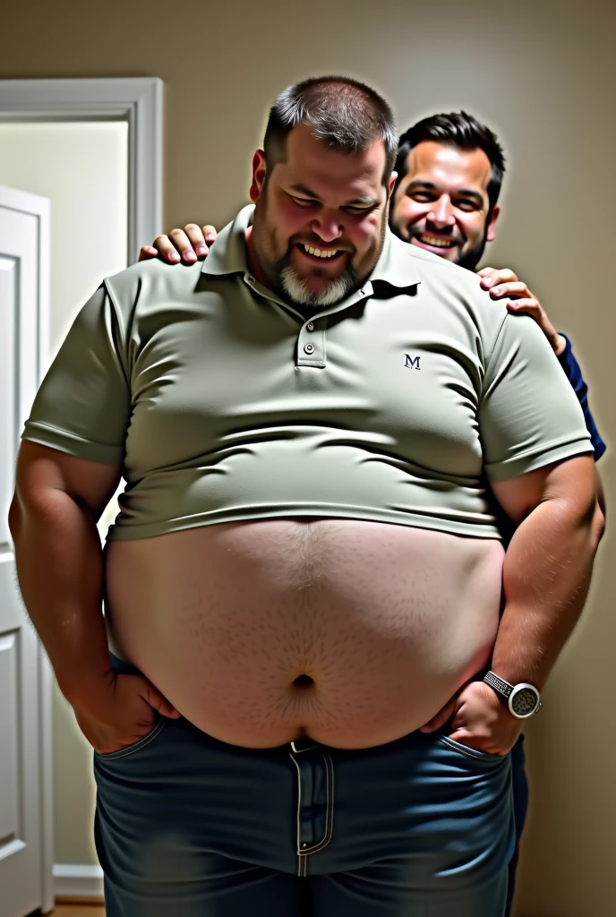 Short Chinese man pregnant with baby with huge belly getting hugged from behind by a big hairy Hispanic man with frizzy hair and a beard