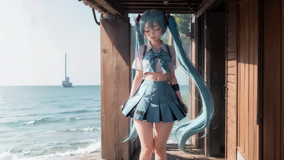 ((( Hatsune Miku)))、mini skirt,(((busty woman cosplay high school girl uniform))),(bending foward while standing)、japanese high school girl uniform,(((wind lifts skirt))),floating leaves,hands on crotch,holding floating skirt,thighs,being at the stairs top of outside、windy day,(focus on her crotch),low angle,shot from under side of stairs,(((eyes close)))、 completely naked、 full nude、