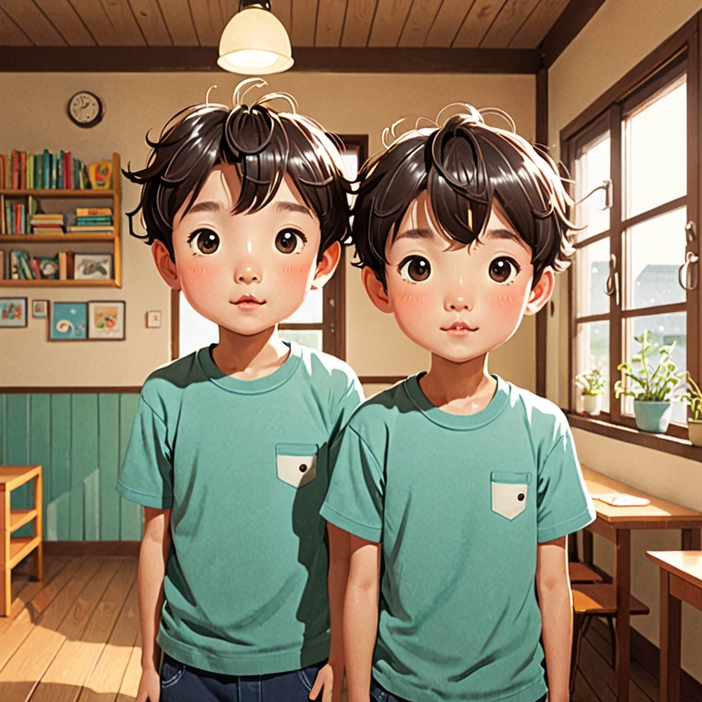 a little boy  and a black hair and a green shirt