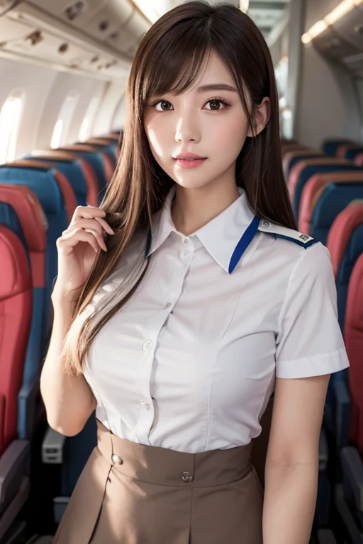 top quality, masterpiece, 8K, ultra high definition, (realistic: 1.4), 1 girl, beautiful face, symmetrical eyes, big, perfect body proportions, stewardess uniform, The beholder's gaze, (inside the airplane: 1.2), front view, shoulder jump, absolute area (1.3),