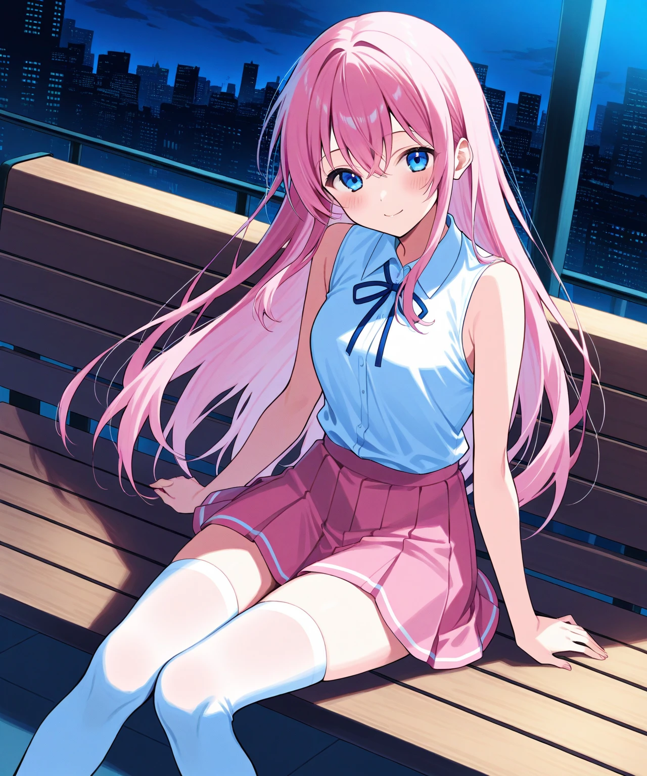 masterpiece,best quality,1girl,riruru,blue eyes,pink hair,long hair,(teal necklace),school uniform,white thighhighs,one eye closed,smile,sitting,classroom,(dusk:1.2),(dutch angle),<lora:riruru:0.7>,<lora:Concept-control tool-add_detail-CyberAIchemist>,
