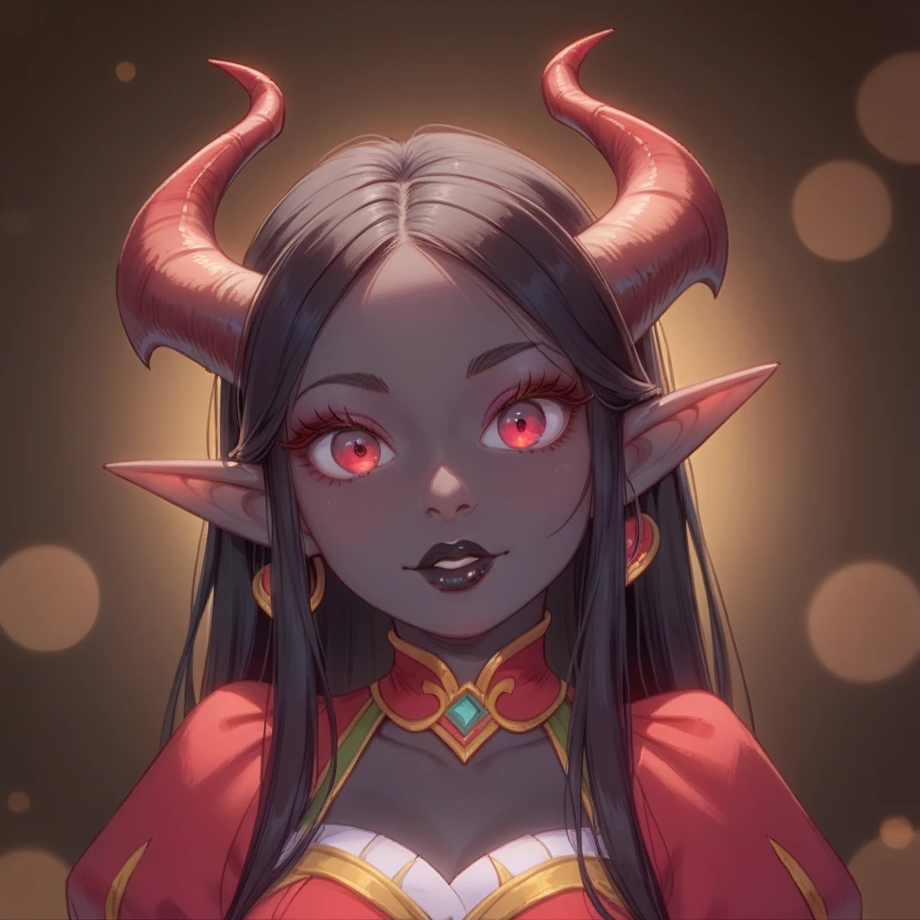 a beautiful oni girl, 1girl, detailed facial features, glowing red eyes, sharp fangs, horns, long black hair, detailed skin texture, elegant japanese kimono, intricate floral patterns, fantasy landscape, glowing sakura trees, dramatic lighting, vibrant colors, digital art, highly detailed, cinematic, unreal engine, 8k, hyper realistic, masterpiece