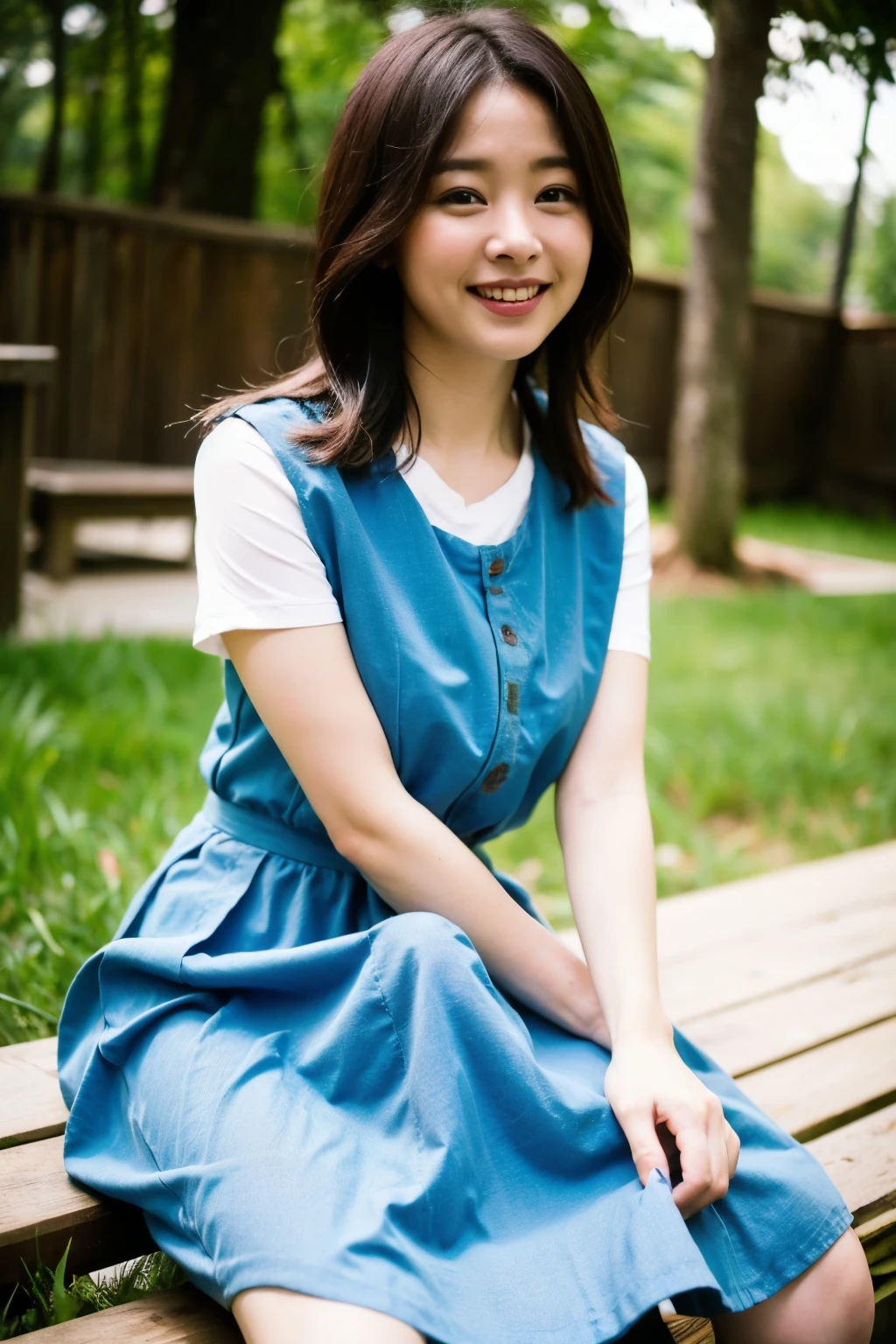 sayudef, full body, smile, blush, outdoors, daytime, simple background, blue sky, short hair, sky, temple, looking at the audience, sitting on the stairs, village, moody lights, semi-realistic portrait, blurred background, bokeh effects