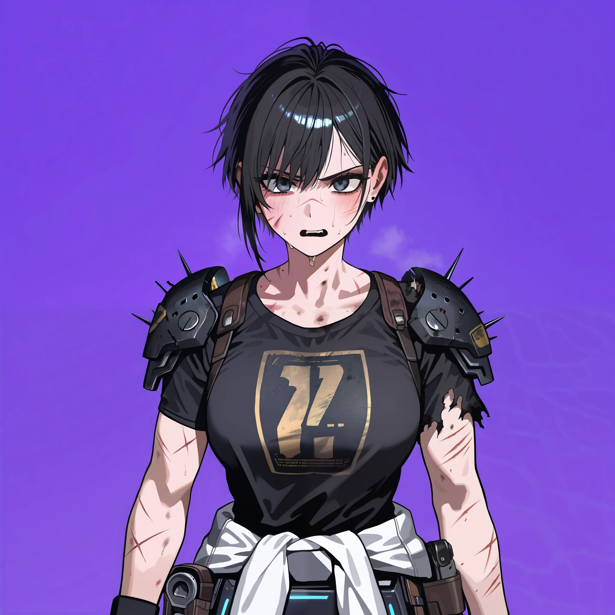 1 female, single, (simple background), purple background, (upper body around the waist), weathered, severe and exhausted appearance, tall, athletic build, with visible scars and dirt spots, (facial expression: determined, calm eyes averted), _master, top quality, high sharpness of the image, detailed face, clear eyes, (dynamic composition with a soft blurred background, contrasting with sharp, rough textures of clothing and skin), (right hand clutches a makeshift, heavily modified and worn cyberdeck, with exposed wires and microchips), (the left hand rests on the waist, next to a pistol in a holster, custom-made, with visible scratches and rust), (torn, dark gray and black clothing, assembled in parts, resembling a mixture of military and punk elements, worn clothes, sewn holes, torn clothes, burnt clothes,