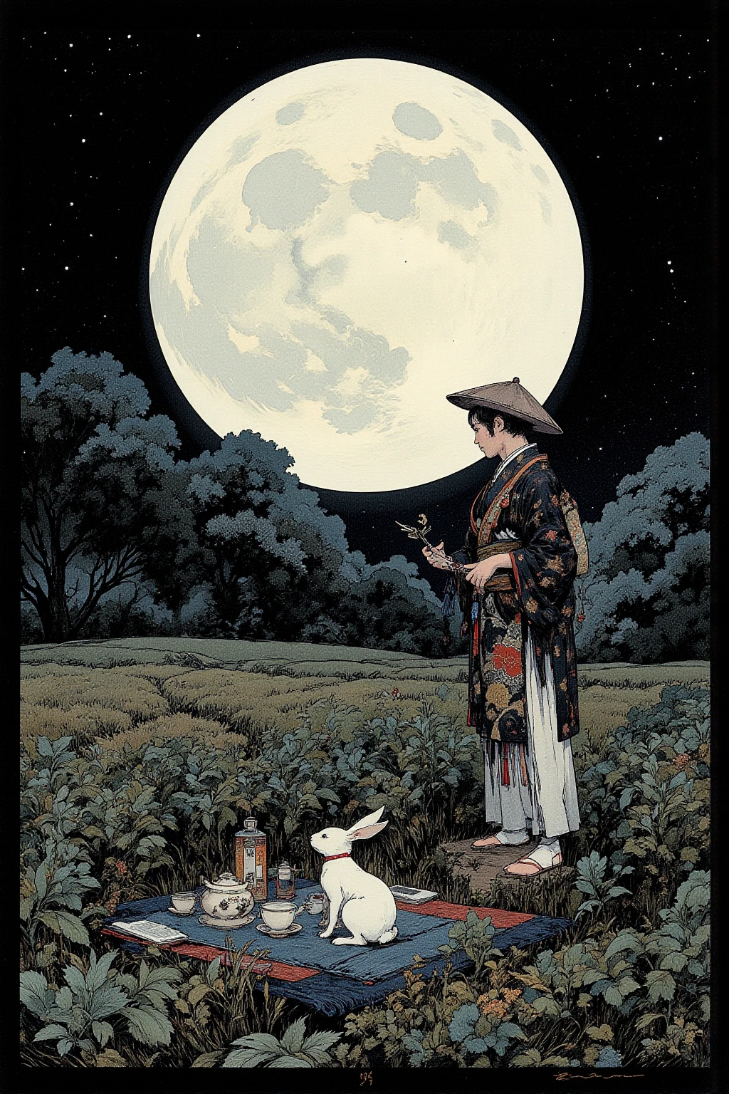 Night of a huge full moon , 1 tatami mat is placed on the prairie , 2 tea people hold a tea party , A huge full moon that shines white , surreal コラージュ, a contemporary artistic コラージュ, collage art work, new album jacket, Great Job !, digital collage ,collage art ,  contemporary collage, mixed media collage , surreal + high resolution, surreal style,convertible, drawn on a black base ,rabbit,Japanese silver grass🌾,Tea pot 