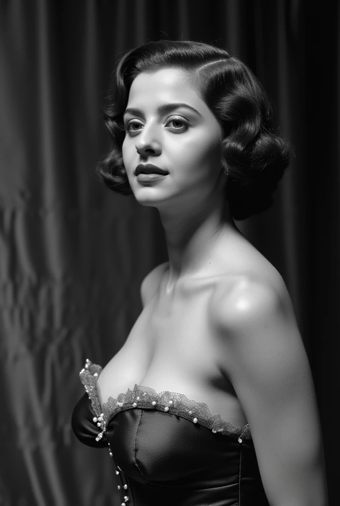 uma foto em preto e branco de uma mulher em um vestido, Pose glamourosa, Tiro de glamour, Retrato da parte superior do corpo, Pose Glamour, posando em leotard e tiara, 1 9 8 0 s mulher, retrato corporal, cerca de 1 9 7 9, mulher posando,