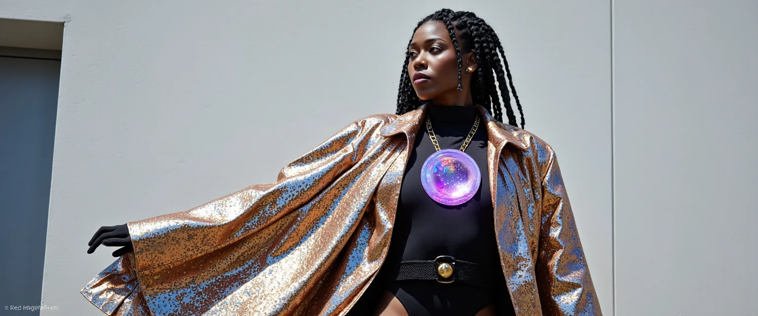 Afrofuturism, a light skin woman wearing a dark blue afrofuturistic tribal clothes, dreadlocks top hair, cyber punk City in background, ultra quality, intricate details, white skin tone