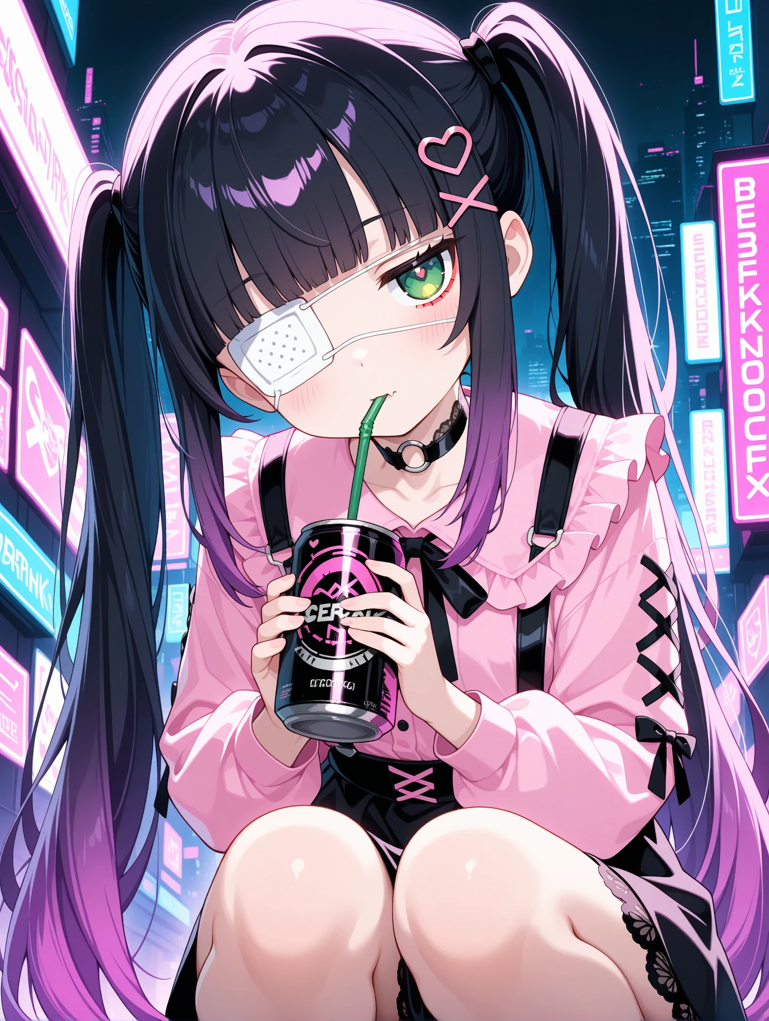 1girl,solo,(Twin tails),Black Hair,purple hair,gradient hair,Very long hair,hime cut,skin fang,jitome,green eye,o-ring choker,x hair ornament,heart hair ornament,medical eyepatch
,BREAK pink ruffled blouse,black suspender skirt,ribbon,black lace details,pink and black color scheme,kawaii japanese fashion
,BREAK squatting,blush,head tilt,drinking a can with a straw,holding a can
,BREAK cyberpunk theme,cyberpunk city.,night
