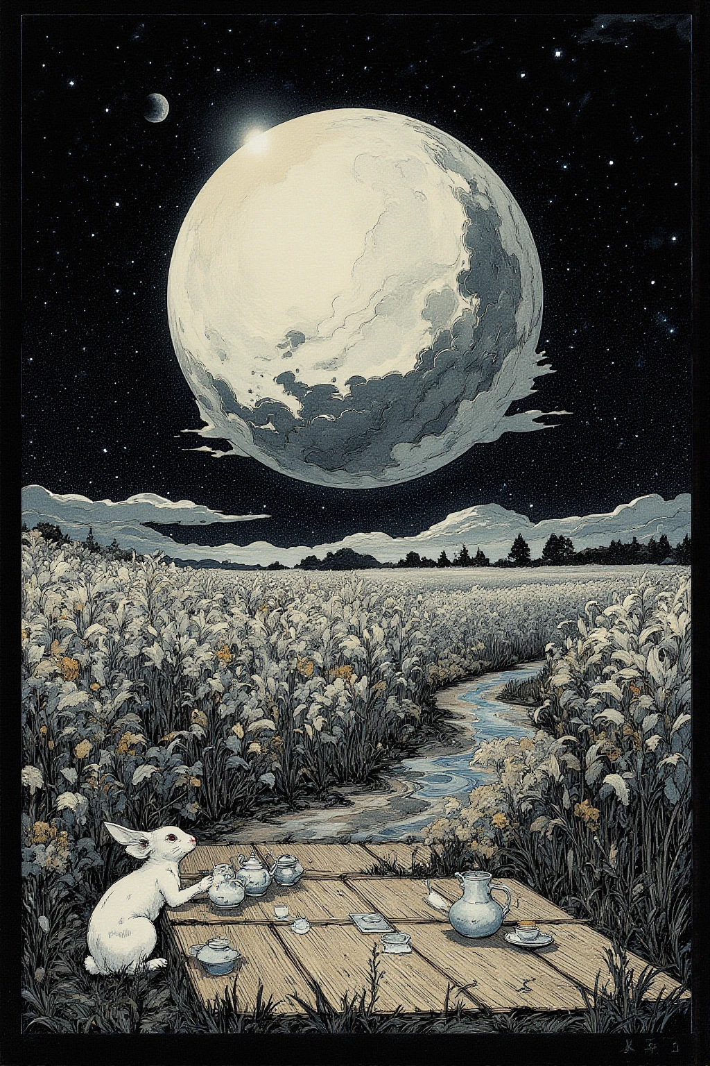 Night of a huge full moon , 1 tatami mat is placed on the prairie , 2 tea people hold a tea party , A huge full moon that shines white , surreal コラージュ, a contemporary artistic コラージュ, collage art work, new album jacket, Great Job !, digital collage ,collage art ,  contemporary collage, mixed media collage , surreal + high resolution, surreal style,convertible, drawn on a black base ,rabbit,Japanese silver grass🌾,Tea pot 