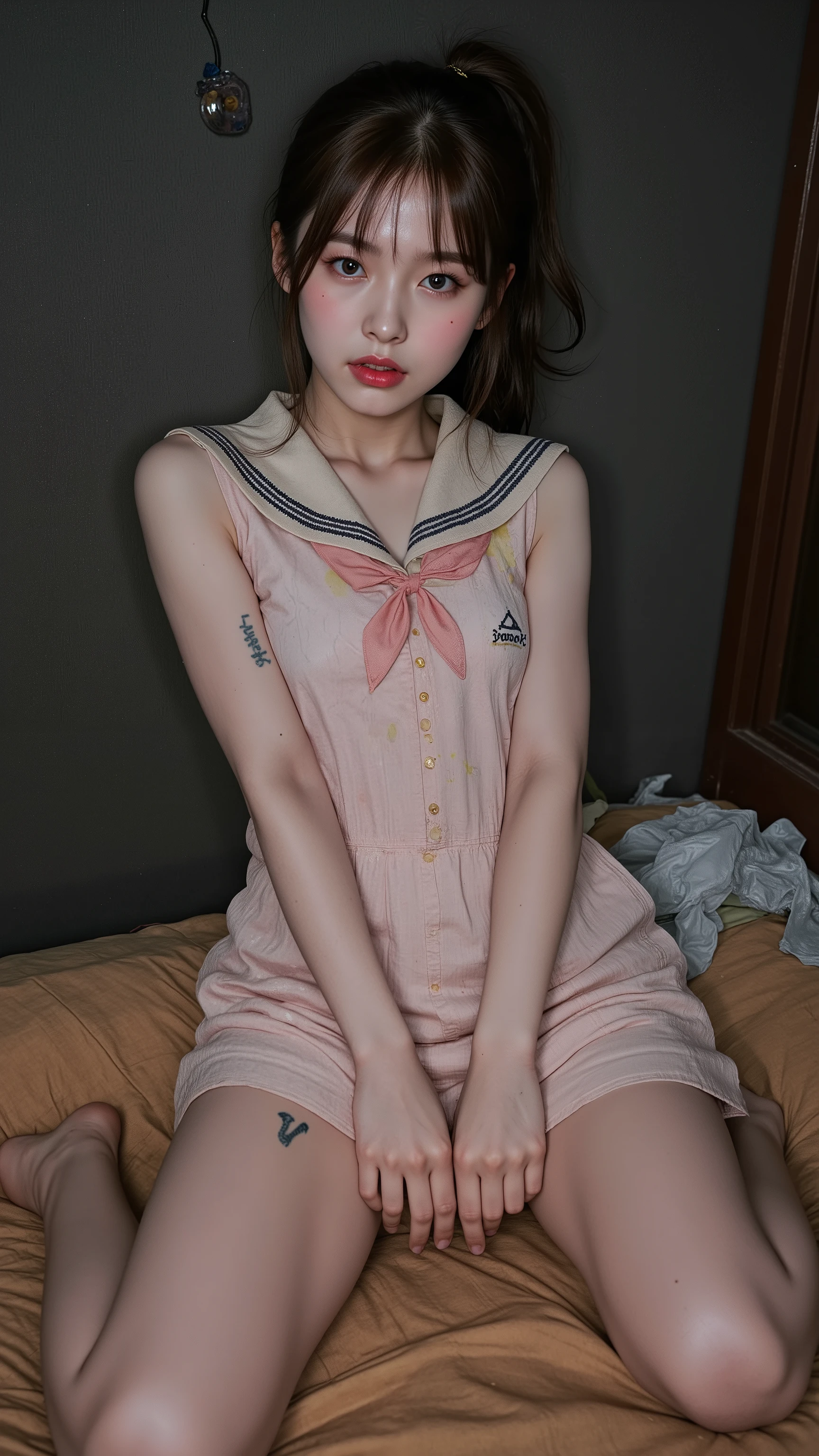 NSFW,
Realistic, photojournalism, documentary technique,
Hasselblad, 85mm Carl Zweiss lens, high resolution,
(full body visible :1.5),
Looking at the camera and looking a little surprised,
Young Korean girl, after sex,
She is Arin, the youngest member of the idol group "OH MY GIRL",
Ponytail, bangs,
She is in her early s,
Big round brown eyes,
She has very white skin,
She has dark brown hair,
Her legs are a little chubby,
She is wearing a light pink sailor collar mini sleavless dress,
Her clothes are old and very dirty,
Very dirty,
She has a tattoo that says "slut",
She has a tattoo of a picture of a poop,
She lives in the slums and is very dirty,
She looks unhealthy,
She has a lot of warts,
She has a lot of scars,
Her clothes have a lot of stains,
Some of the stains are black, some are yellow, some are red,
Her clothes are torn in places,
At night, she sits with her legs spread apart leaning against the wall in a cheap brothel room in the slums,
The room is dark and dirty,
Dirty mattress,
Bare light bulb,
The room is full of garbage,
Dildo, Cusco,
She tells the man who comes in that she will do any kind of sex,
She can be bought for next to nothing,
She is garbage,