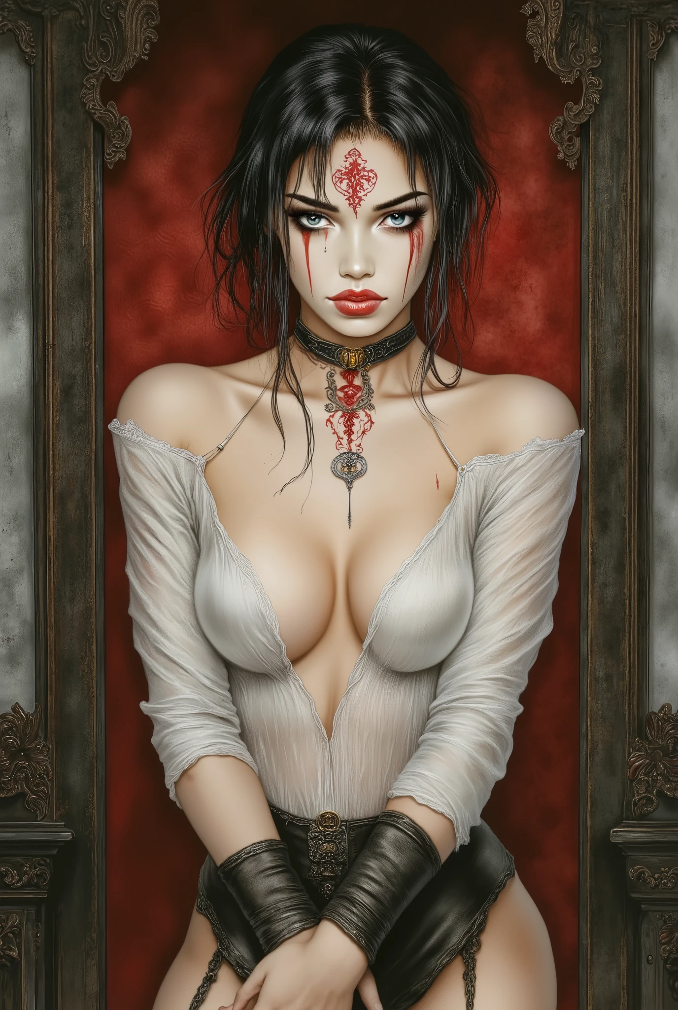 a beautiful , sexy,  secretary with short black hair , glasses and red make-up . perfect hands. He is standing with his hands resting on the desk. She wears a black leather miniskirt and a transparent white blouse that is completely open on her big breasts.  perfect anatomy , seductive gaze.  Luis Royo style image .