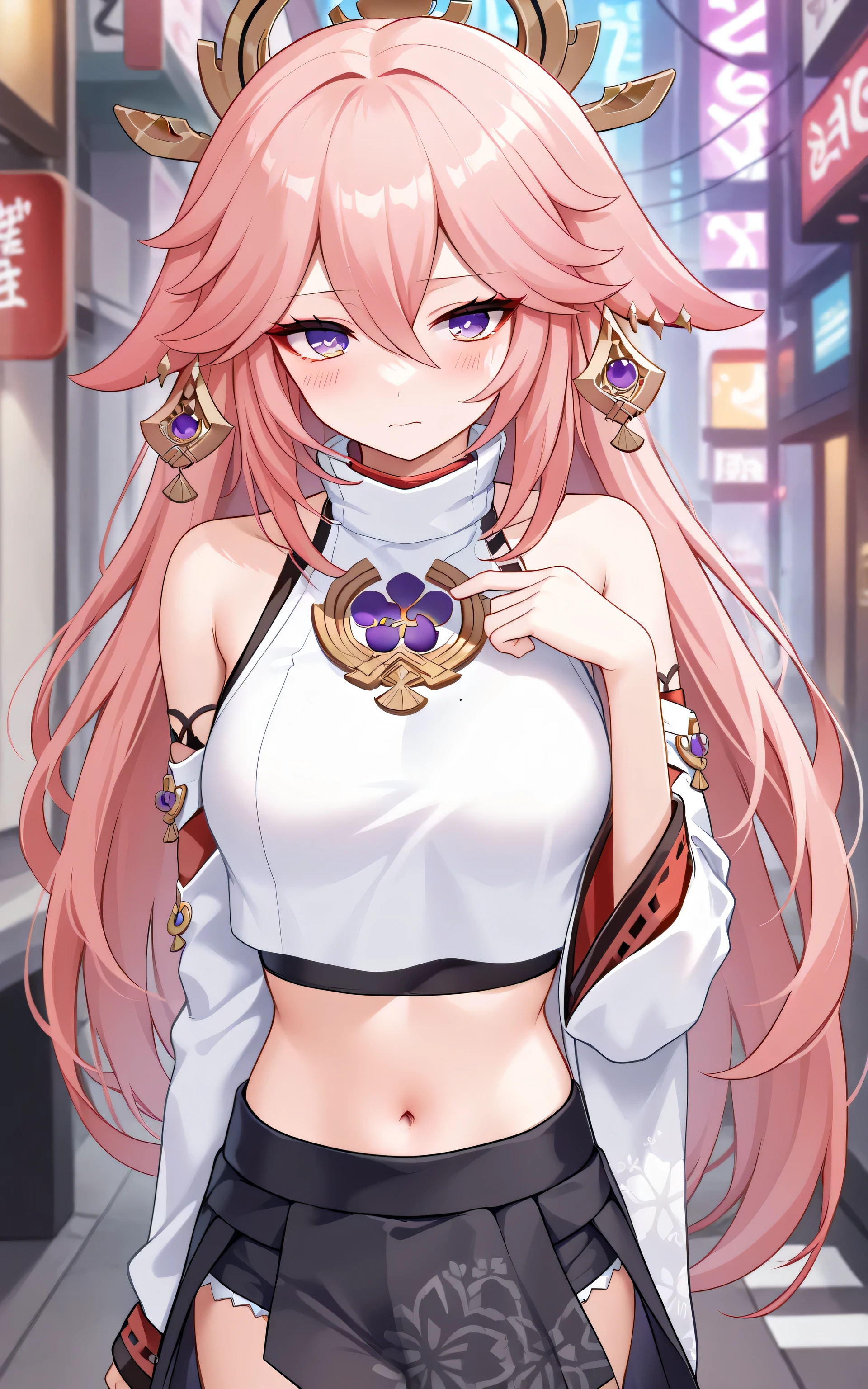 masterpiece, best quality, very aesthetic, absurdres, newest,1girl,naked_shirt, covered_nipples, ,Yae Miko,Yae Miko(genshin impact), long pink hair, fox ears , purple eyes, a large gold ornament,,,in a plaza