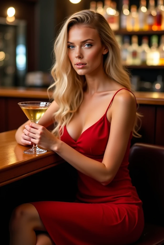 woman in cocktail bar, taken in the early 2020s, she is about 2 5 years old, bright red dress, , 25 yo, gorgeous lady, , long blonde hair, red mini dress, necklace, cleavage, [[Kate Beckinsale]], [[[Jenna Coleman]]], [[Tricia Helfer]], flowing silhouettes,