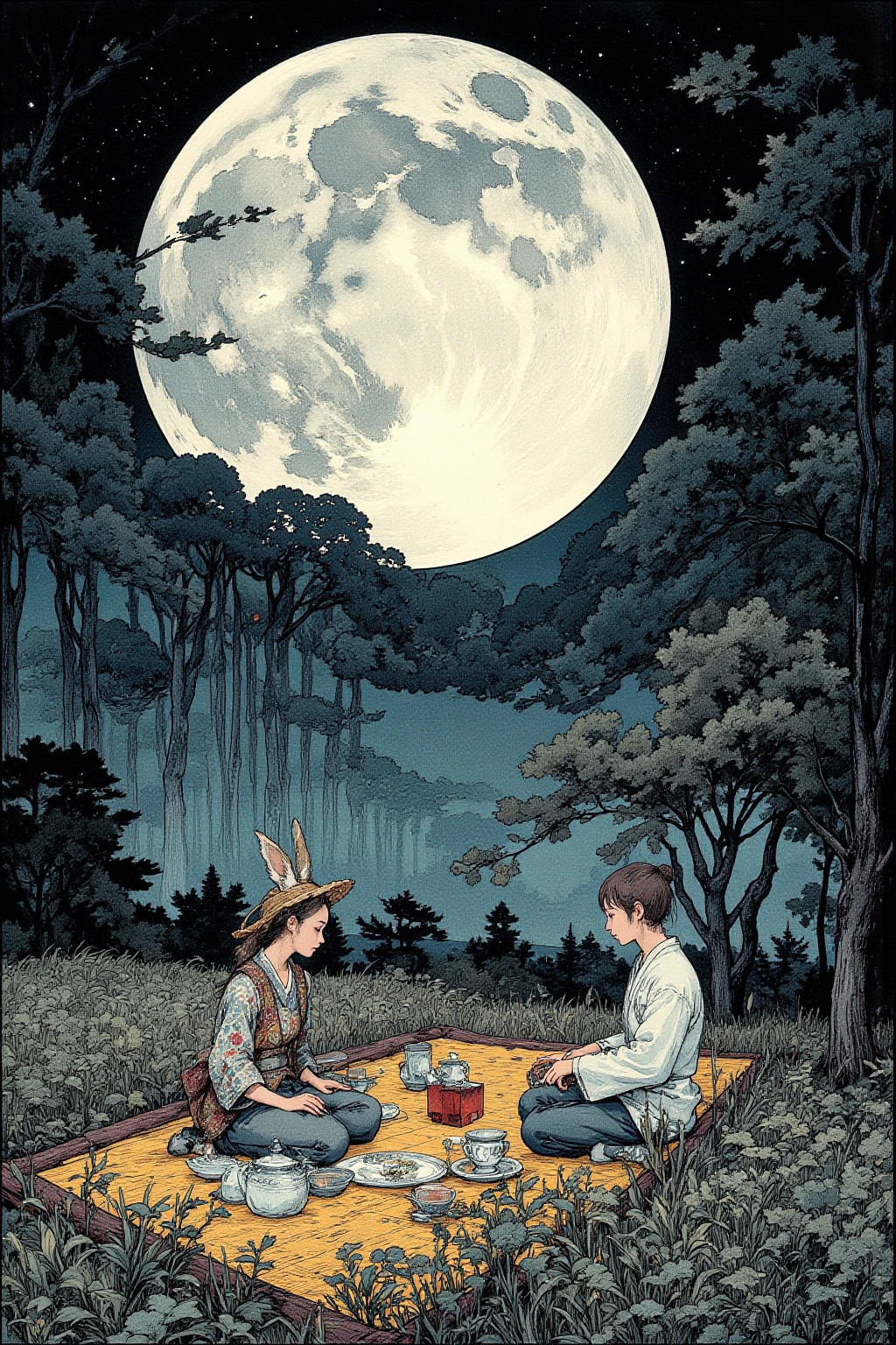 Night of a huge full moon , 1 tatami mat is placed on the prairie , 2 tea people hold a tea party , A huge full moon that shines white , surreal コラージュ, a contemporary artistic コラージュ, collage art work, new album jacket, Great Job !, digital collage ,collage art ,  contemporary collage, mixed media collage , surreal + high resolution, surreal style,convertible, drawn on a black base ,rabbit,Japanese silver grass🌾,Tea pot 