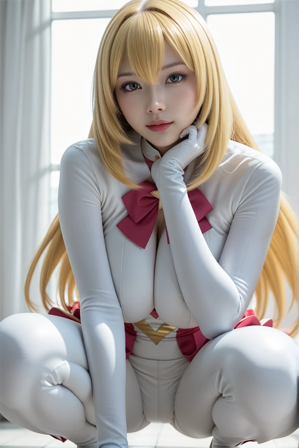 (masterpiece), (Highest quality), (Super detailed),(figure), (One girl),View your viewers, (interview),Beautiful attention to detail, Delicate and beautiful face, floating,(High saturation),(The Shining), sv1, Venus 1, Sailor Warrior Uniform, Sailor Venus, Minako Aino, Blonde, Magical girl, blue eyes, White leotard, Orange Skirt, Elbow hand pockets, tiara, Pleated skirt, Hair Ribbon, Orange Sailor Collar, mini skirt, choker, Red Bow, Orange choker, White gloves, Very long hair, jewelry, Earrings, smile,