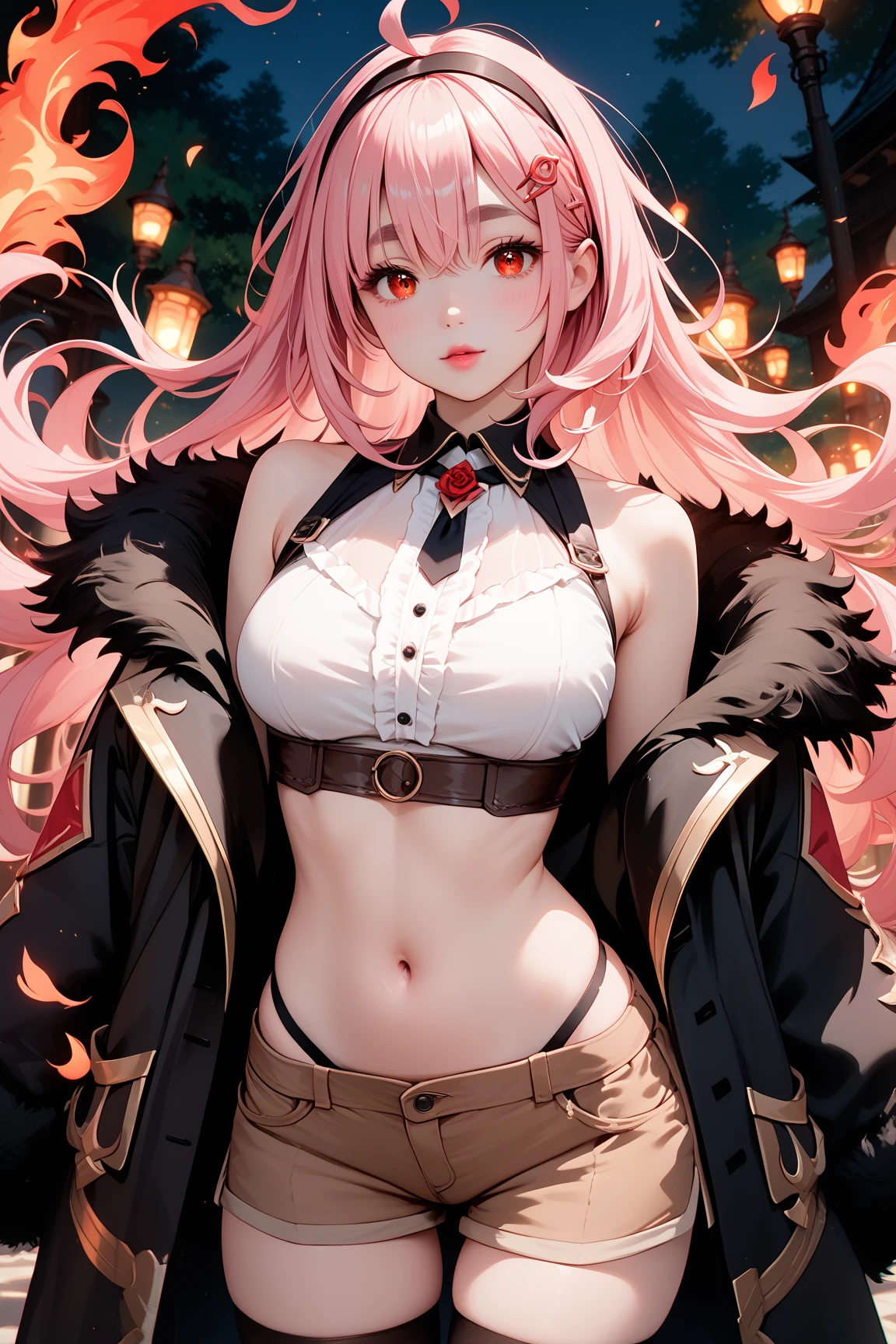 ((best quality)), ((masterpiece)), (detailed), 1girl, NSFW, small breasts, prominent collarbones, skinny arms, flat stomach, visible hip bones, long hair, red hair, white hair, blonde hair, dark hair, ponytail, thick ponytail, heavy ponytail, red and white clothing, Bloodborne inspired, occult aesthetic, occult, detailed and intricate steampunk and detailed gothic, NSFW Fluttering lace frilly petticoats, pleated petticoats