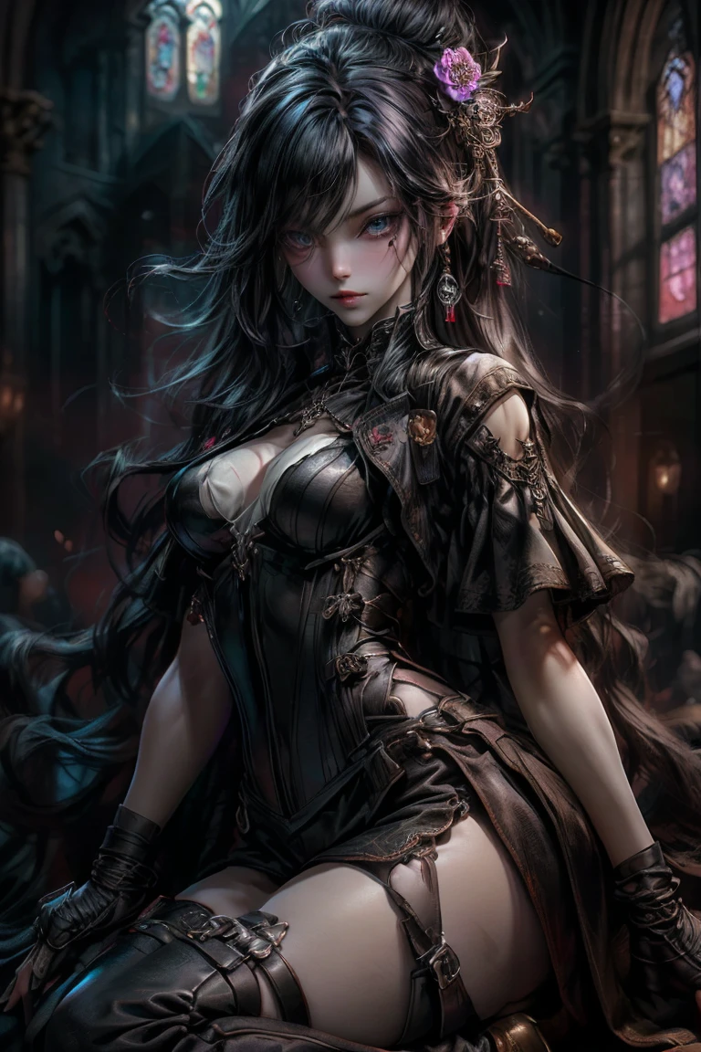 ((best quality)), ((masterpiece)), (detailed), Bloodborne inspired, occult aesthetic, occult, detailed and intricate steampunk and detailed gothic, NSFW, Very dramatic and cinematic lighting, cosmic horror, grim-dark, side-lighting, perfect face, a beaituful goddess valkyrie enshrined in armour, Bloodborne inspired valkyrie, occult aesthetic valkyrie, occult valkyrie, detailed and intricate steampunk and detailed gothic valkyrie, Fluttering lace flared long knee length dress with frilly petticoats, long dress, knee length dress, pleated petticoats, lolita dress, petticoats gothic lolita, side-lighting, NSFW, gothic lolita, beautiful small breasts, full body, whole body, body, NSFW
