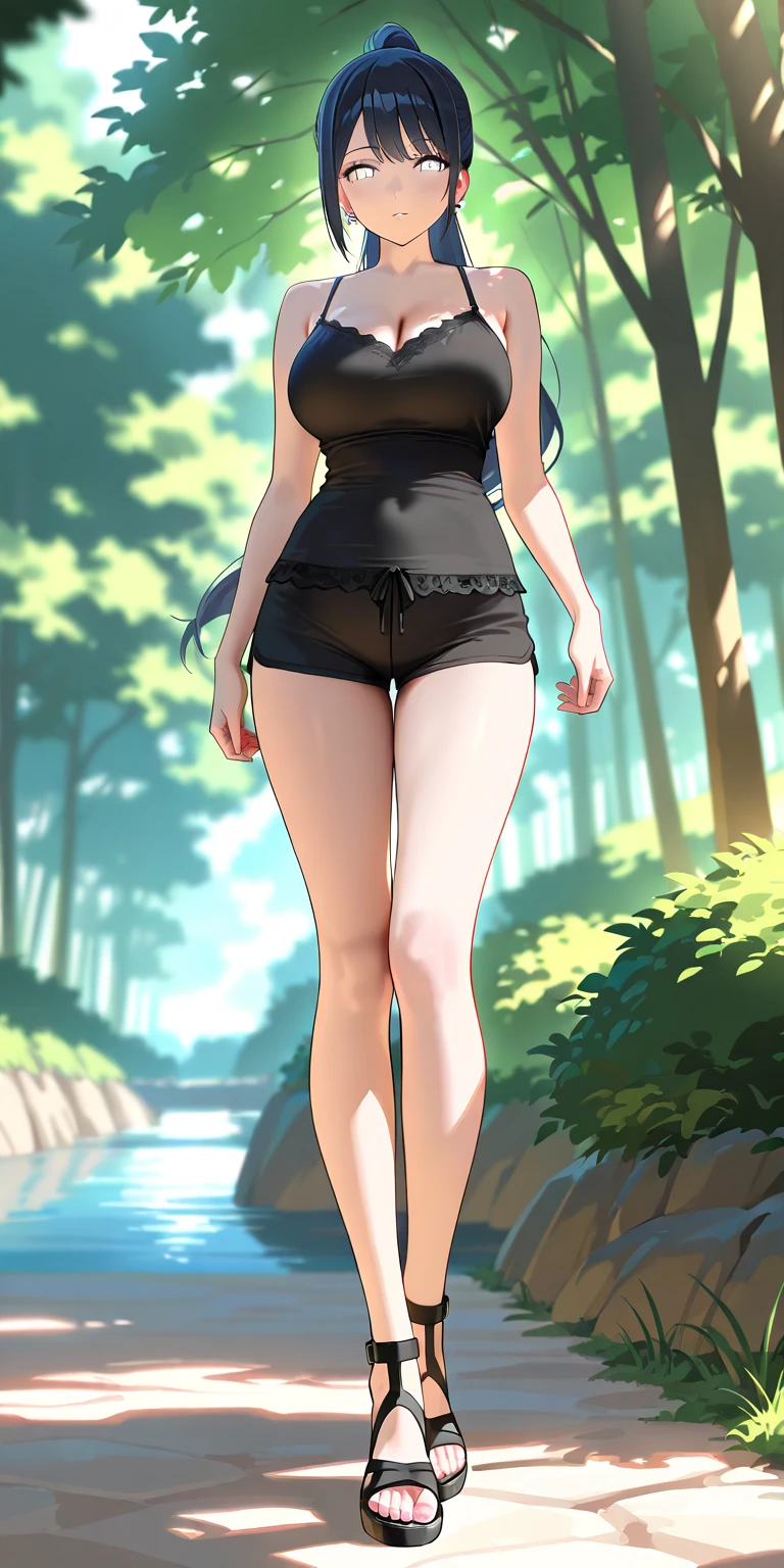 Marinette, Mujer, cuerpo completo, de pie, hermosa, sexy, cabello negro, flequillo cuadrado, blusa tirantes beige de encaje , mini short mezclilla sexy, tanga roja, zapatos de tacon alto color plateado,