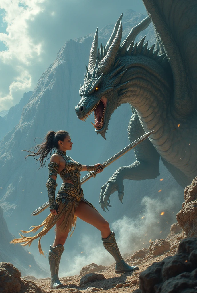 A large golden dragon flies away from a woman., A woman dressed in female character wearing goggles stands in the desert., in the style of cyberpunk imagery.Desert Scene