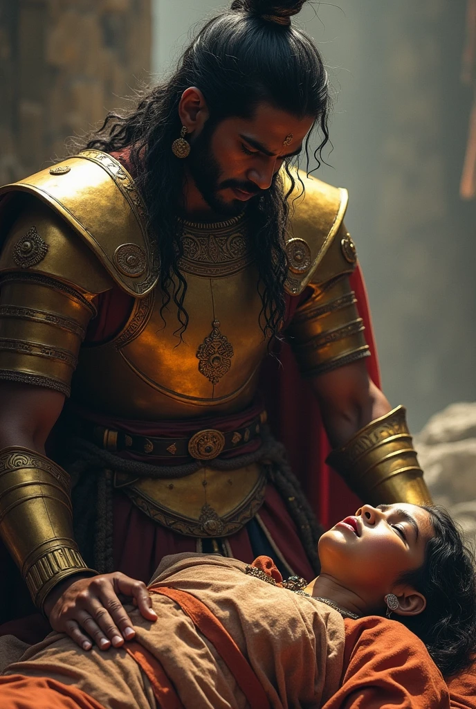 A Rajput soldier carries the queen's severed head on a plate to the king.