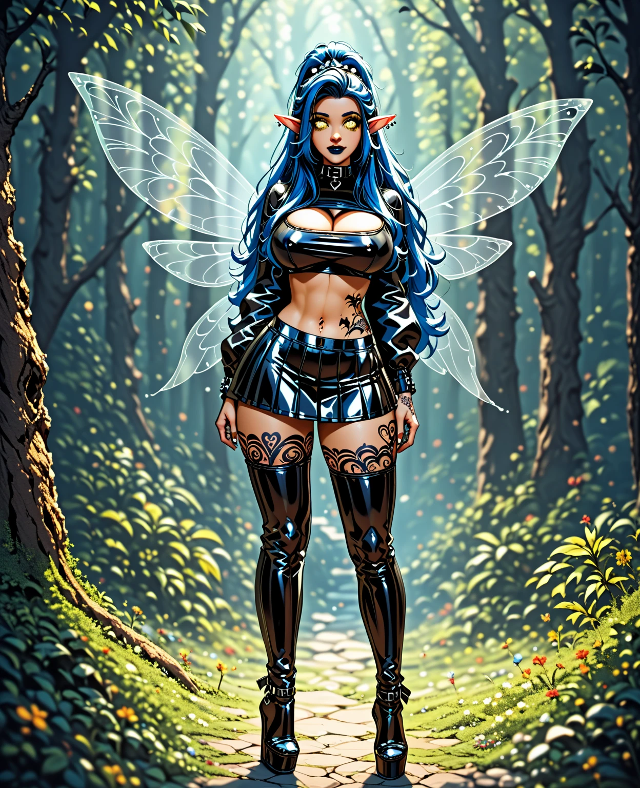 ((a black fairy with a mechanical arm wearing alternate costume of torn green leaf)), translucent, shy and seductive wings, full body, natural pose, art by Luis Royo, freedom, digital illustration, (steampunk style), perfect anatomy, symmetrical face, well-formed eyes, beautiful face, goblin ears, well-defined hips, with a belt with several pockets, centered, approaching perfection,  dynamic, highly detailed, watercolor painting, art station, concept art, soft and sharp focus, illustration, unique, award-winning, masterpiece, ((transparent clothing))