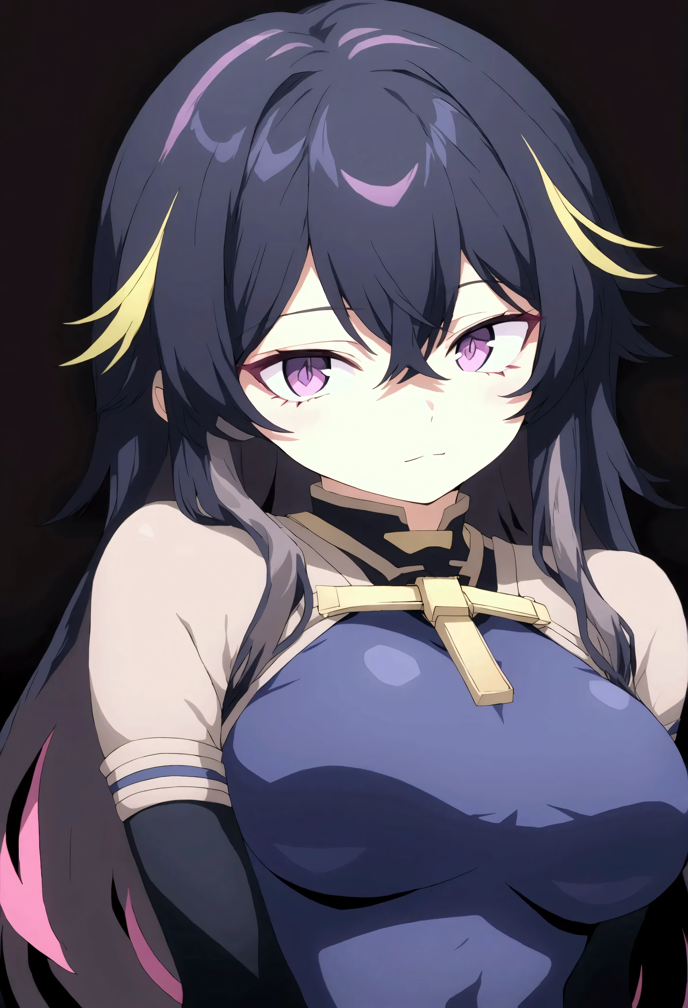 Long black hair with golden highlights, magenta eyes, fair complexion, full body form-fitting body suit with black spots on the shoulders, sleeve, and below the waist with purple on the stomach, around the elbow, and below knees, golden stripes acting like a border between either color, color-matching waist cape, sleek purple and black gloves, thigh utility straps, and a black and purple eye mask with two long electronic anntenae utting out from behind head, 8k, masterpiece, high quality, high detail, highres, standing, Kohei Horikoshi style, hero, human