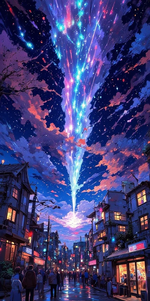 dutch angle view of a very beautiful end-of-the-world scene, tremendously so many beautiful colorful meteors falling at random to beautiful lively city blasting through the clouds one after another. Very dynamic dramatic picture. The sky is beautifully spread out in an impossible and unusual vivid color. People are looking at it from below. shock wave of meteor impact blurring the image.