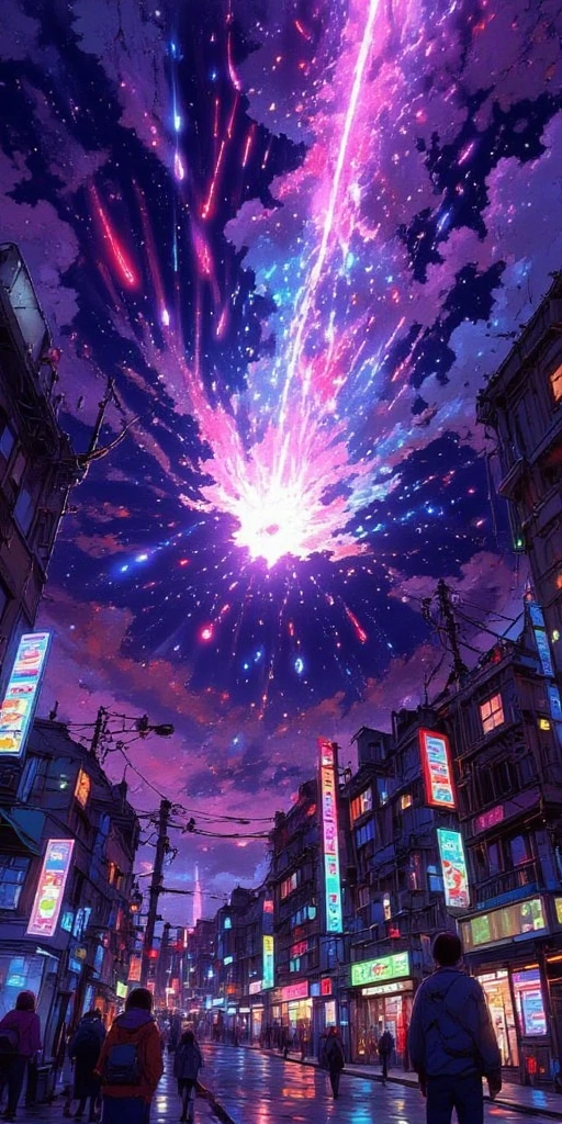 dutch angle view of a very beautiful end-of-the-world scene, tremendously so many beautiful colorful meteors falling at random to beautiful lively city blasting through the clouds one after another. Very dynamic dramatic picture. The sky is beautifully spread out in an impossible and unusual vivid color. People are looking at it from below. shock wave of meteor impact blurring the image.