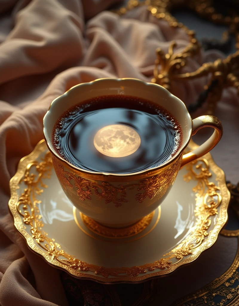 A unique masterpiece of ultra-realistic film photography with minute details (extreme close-up shot of a Wedgwood teacup on a vintage luxury table: 1.6), black tea in a beautiful gold-decorated Wedgwood teacup, rich steam and sparkle inside the cup, the full moon is clearly reflected in the tea (there is a lipstick mark from a woman's lips on the edge of the teacup: 1.6)
